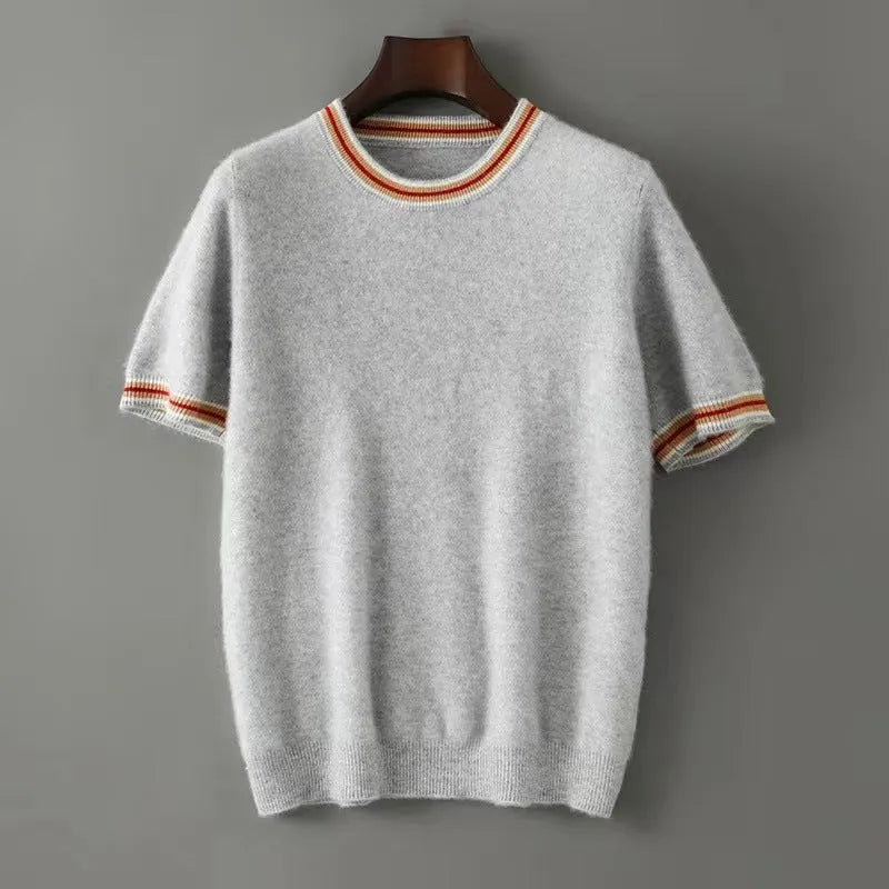 Men's round neck pure wool short sleeve sweater in white, grey, or black, showing pullover style and regular sleeves