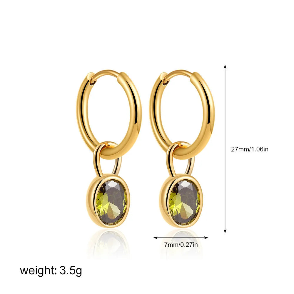 Women's retro oval zircon earrings in six colours including emerald and army green, copper construction