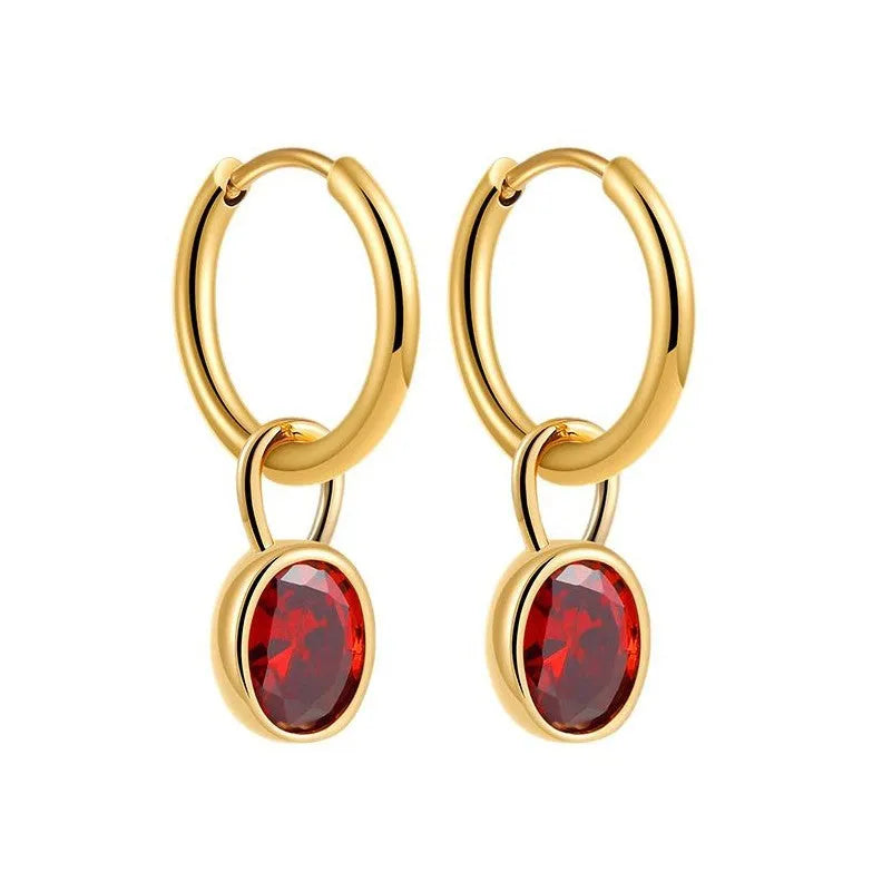 Women's retro oval zircon earrings in six colours including emerald and army green, copper construction