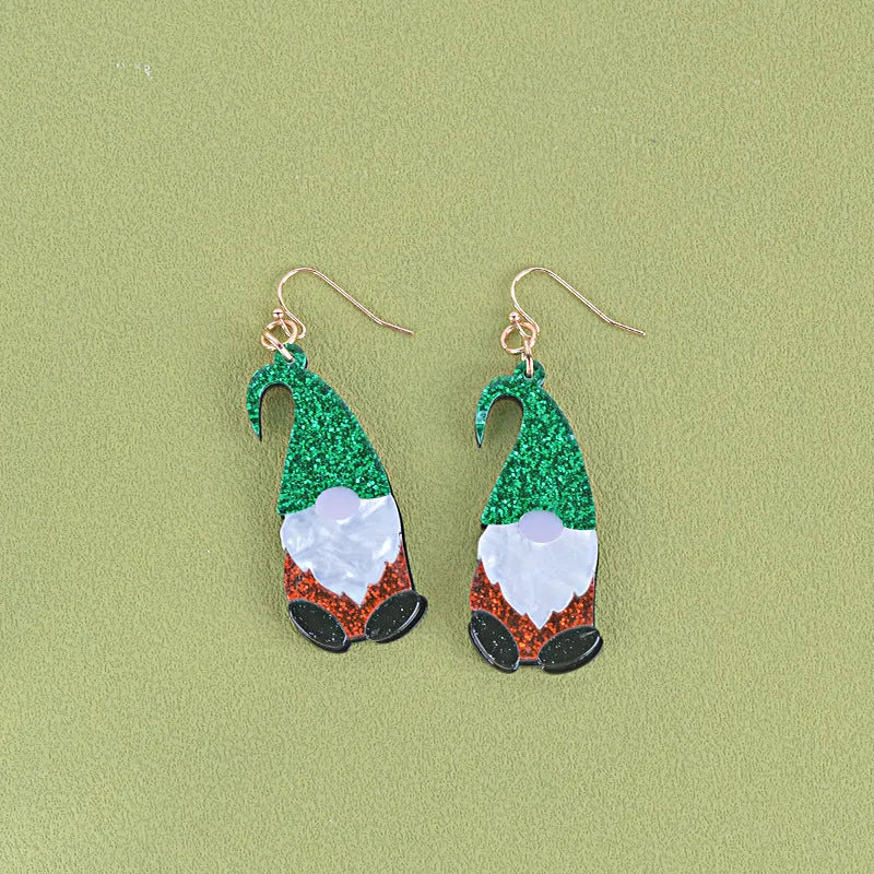 Santa Claus cartoon acrylic fashion earrings in red, green, and red/green colour options.