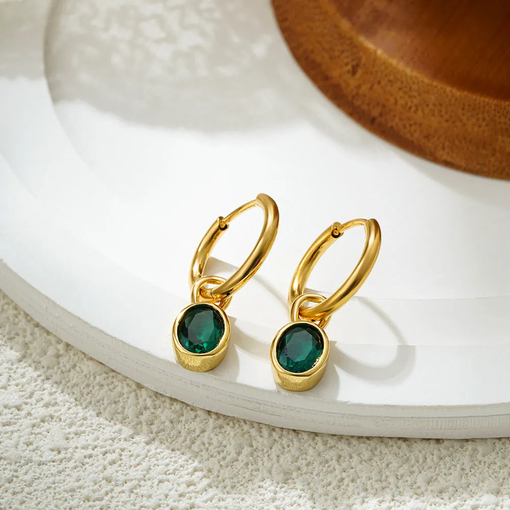 Women's retro oval zircon earrings in six colours including emerald and army green, copper construction