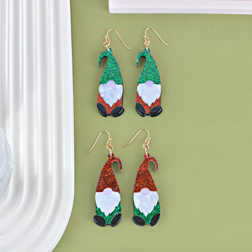 Santa Claus cartoon acrylic fashion earrings in red, green, and red/green colour options.
