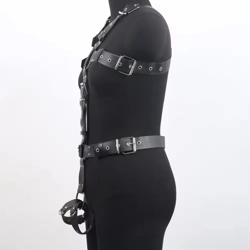 Black leather shapewear with thin width and pin buckle fastening, European style design