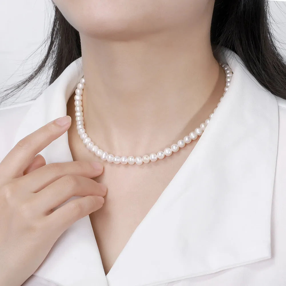 Women's adjustable freshwater pearl necklace with 925 sterling silver and 6-7mm pearls on adjustable clasp
