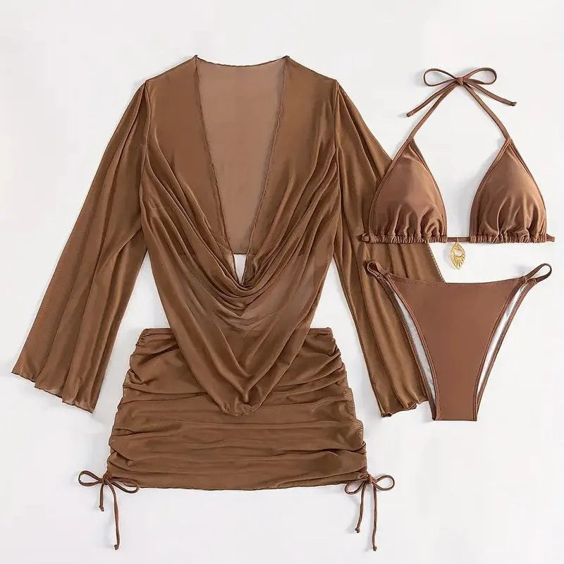 Women's dark brown lace-up bikini suit with adjustable back closure and briefs style for swimming