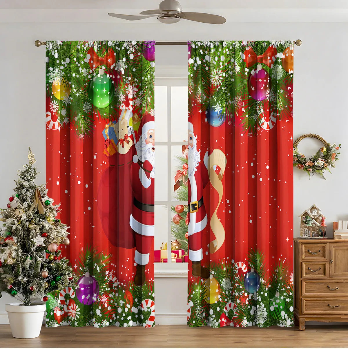 3D digital printed Christmas curtain in a European style, showing modern simplicity design and polyester fabric