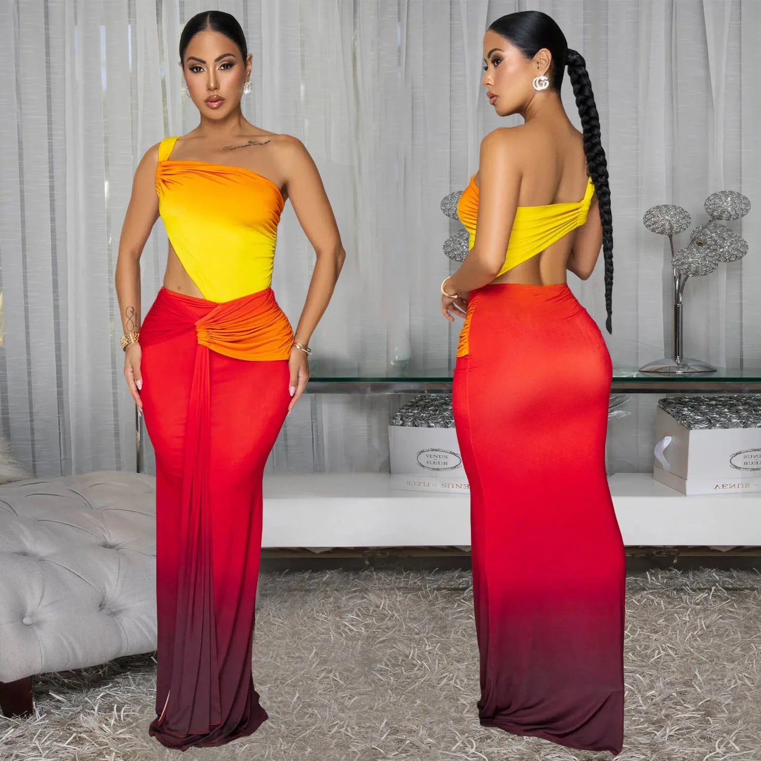 Women's cross-shoulder gradient dress with long skirt and high waist in brown colour option