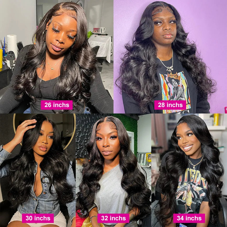 Black synthetic front lace wig with long curly hair and side bangs, showing natural hairline and 180% density