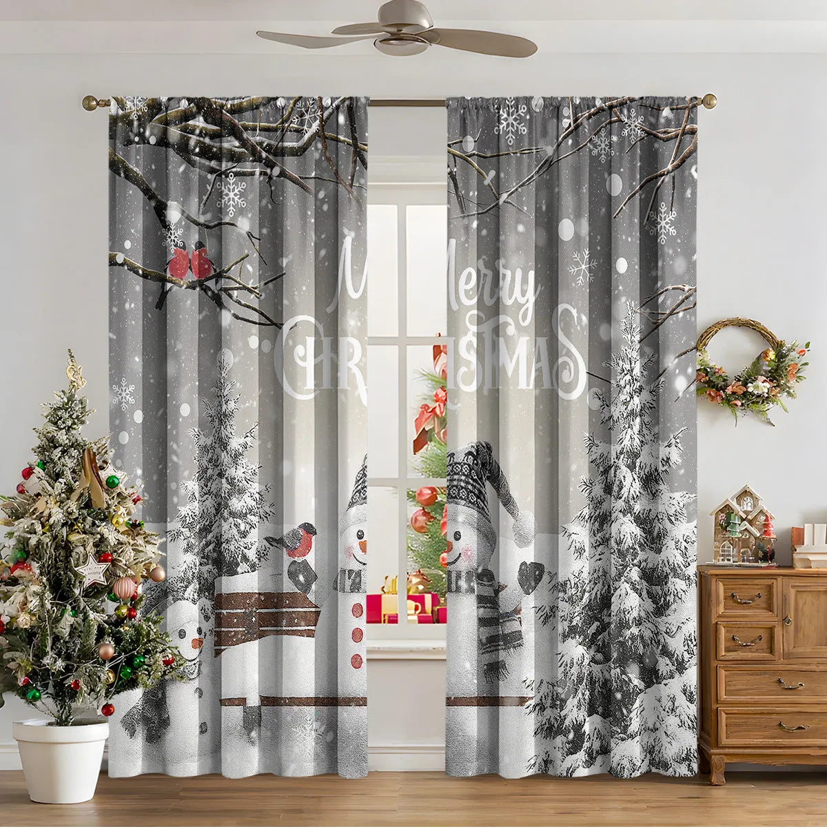 3D digital printed Christmas curtain in a European style, showing modern simplicity design and polyester fabric