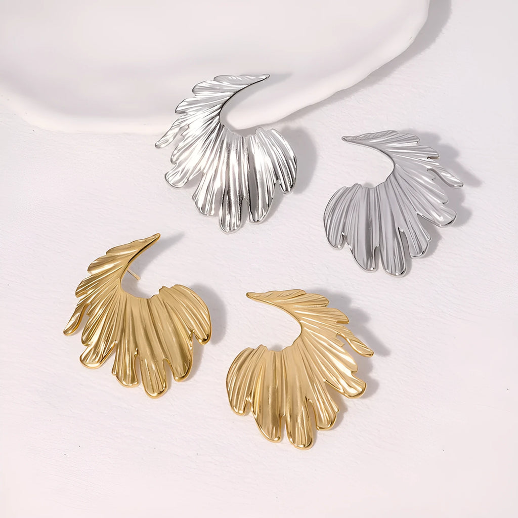 Stainless steel leaf earrings with electroplated finish in gold or steel colour options