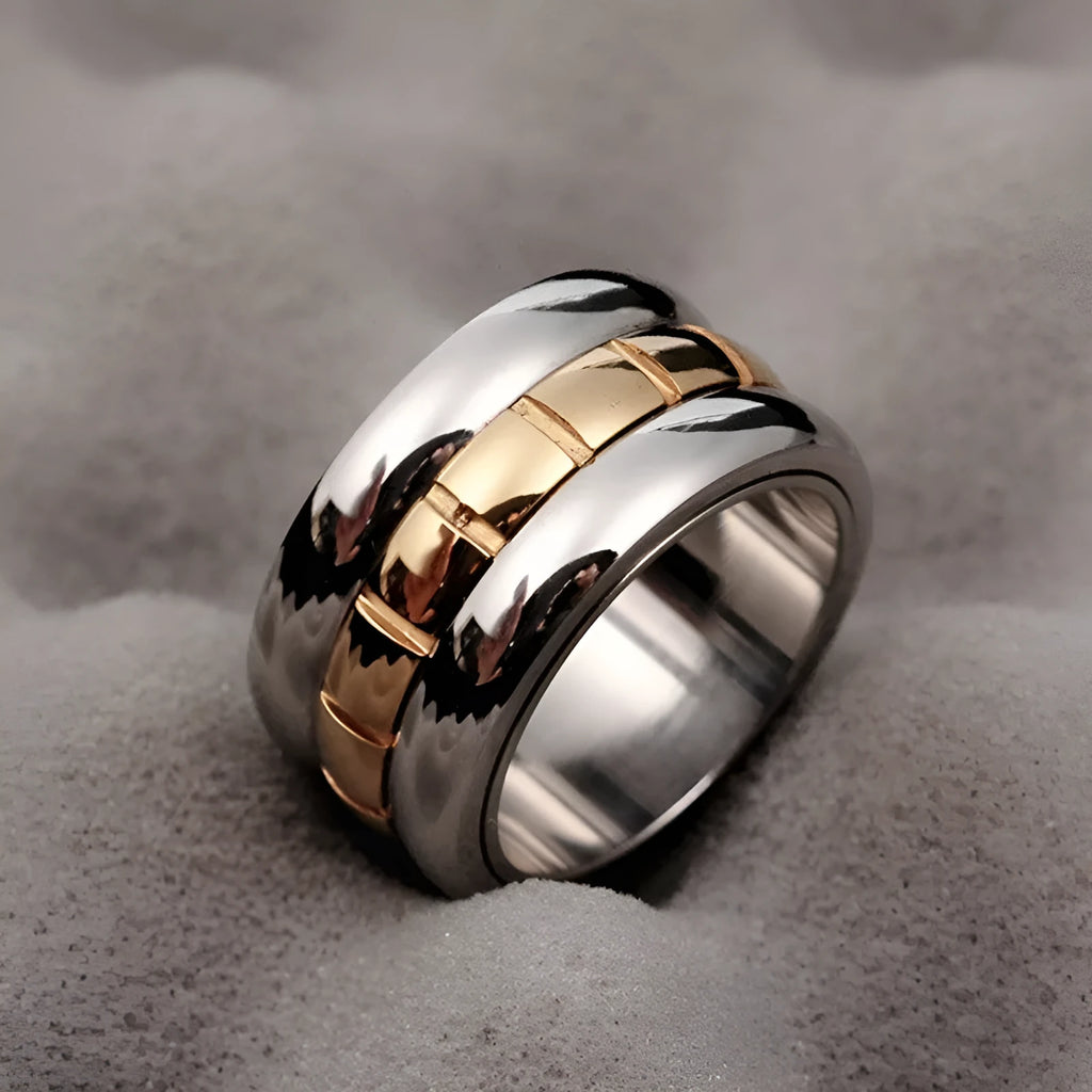 Gold titanium steel ring with rotating ultra-wide knuckle section shown in multiple size options
