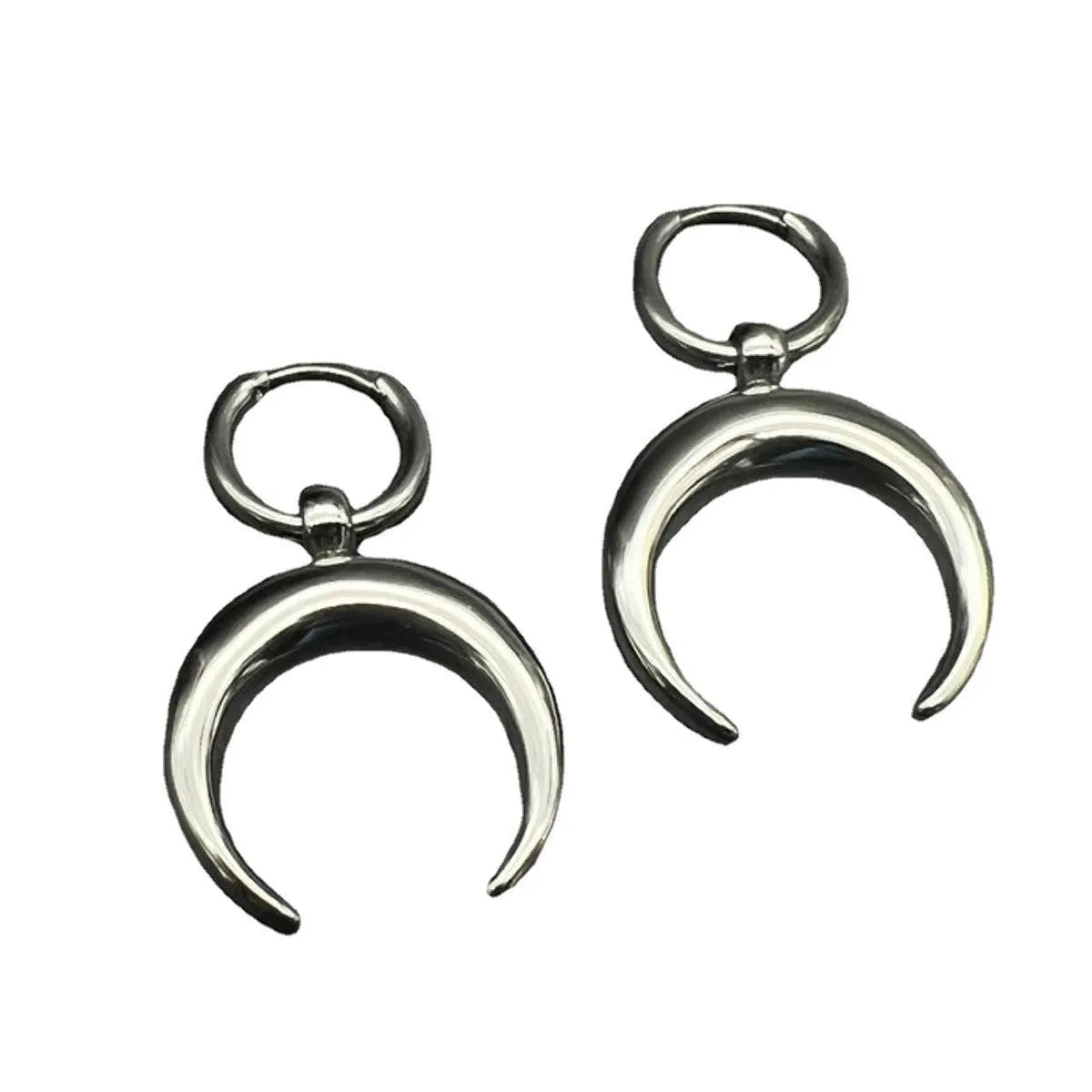 Silver geometric hoop earrings with moon detail, punk-style gothic design, ear clip fastening