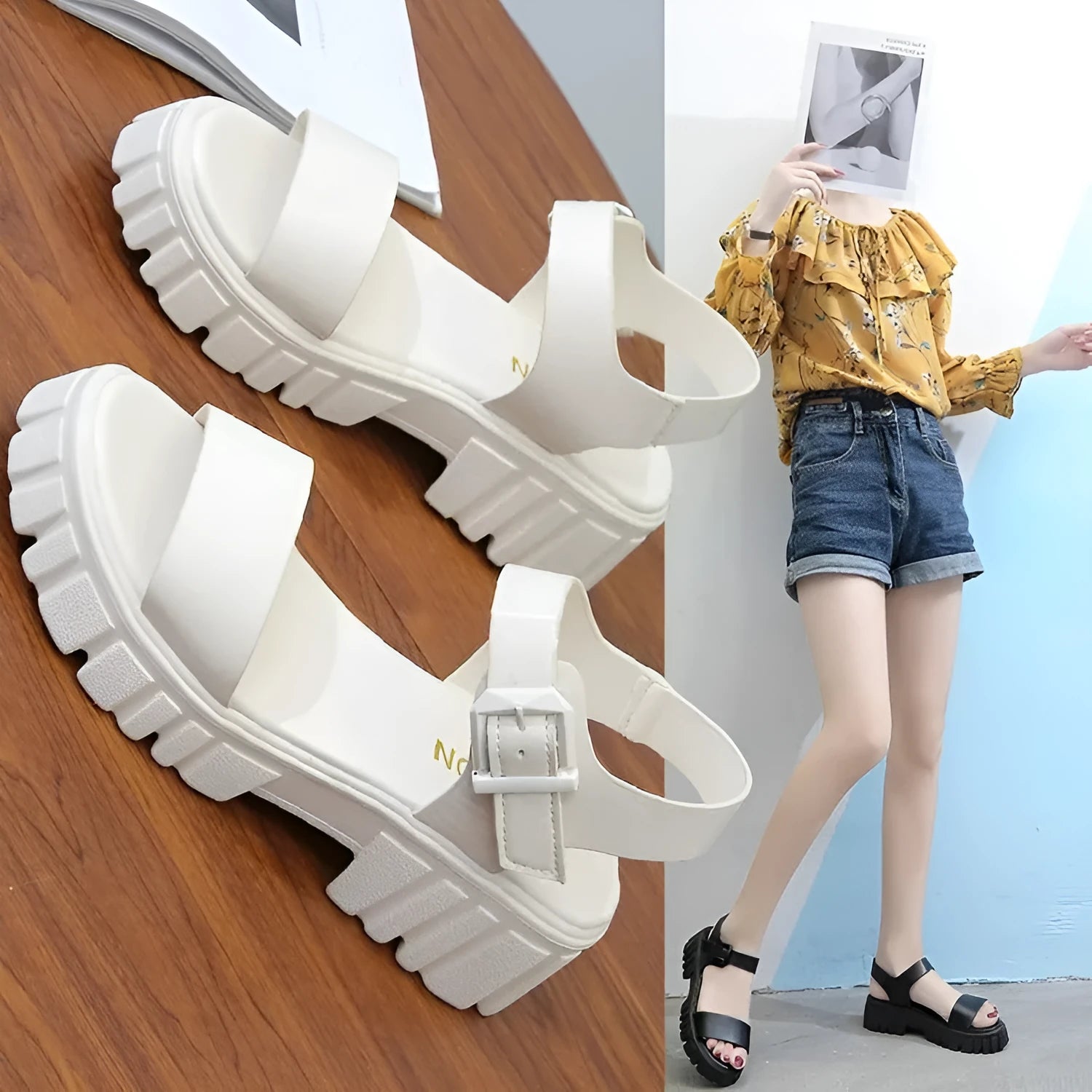 Women's beige platform sandals with peep toe and ankle-strap buckle in college style