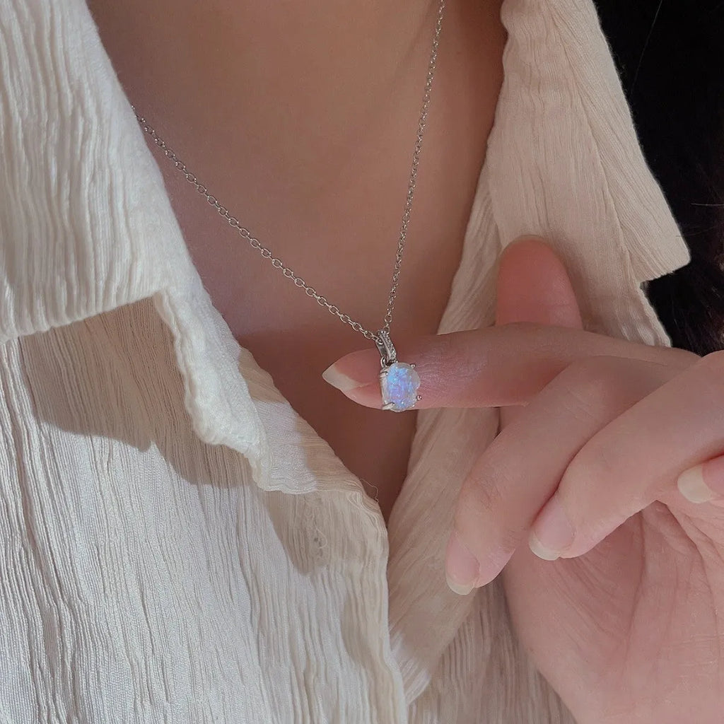 S925 sterling silver geometric moonstone pendant necklace with adjustable curb chain in platinum or rose gold finish
