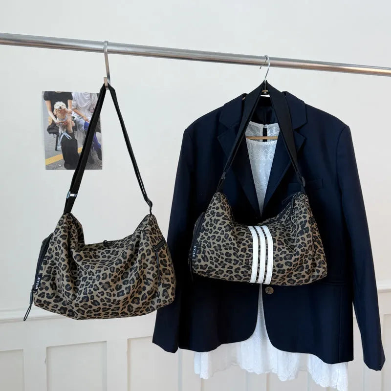 Unisex leopard print messenger bag with striped pattern, crossbody shoulder design