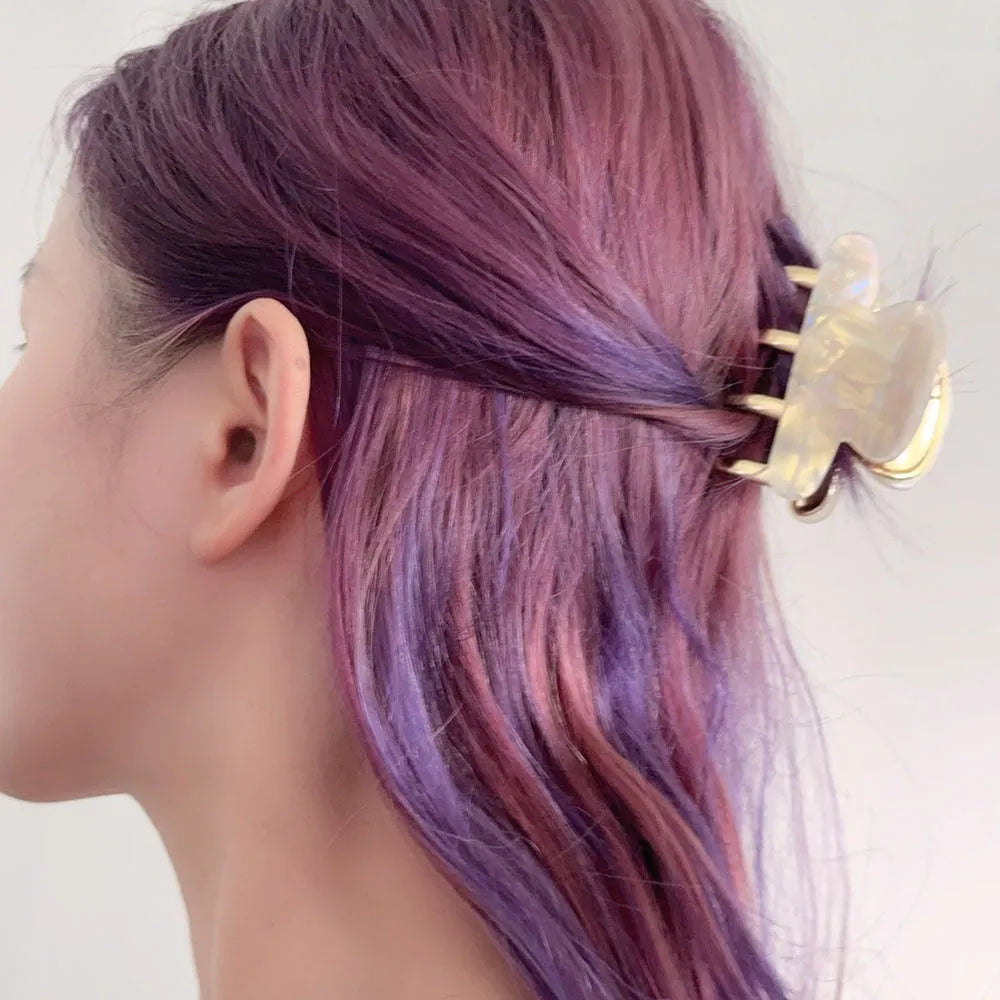 Set of retro-style alloy acrylic women's hair barrettes with metal grip in beige, white, ink and leopard print colours.