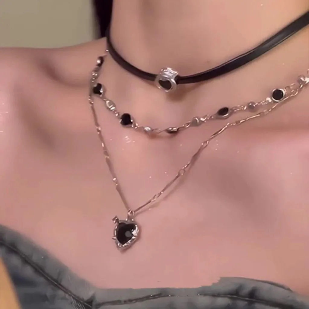 Women's adjustable twin necklace with leather heart pendants on 41-50cm alloy chain