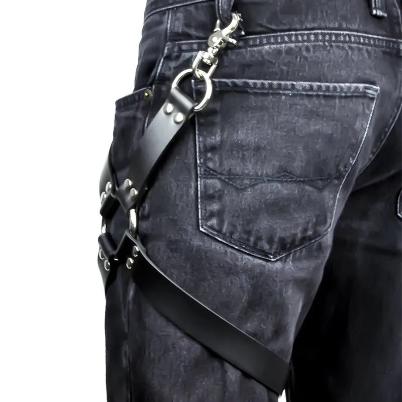 Women's black PU leather leggings with high waist, showing front and side views