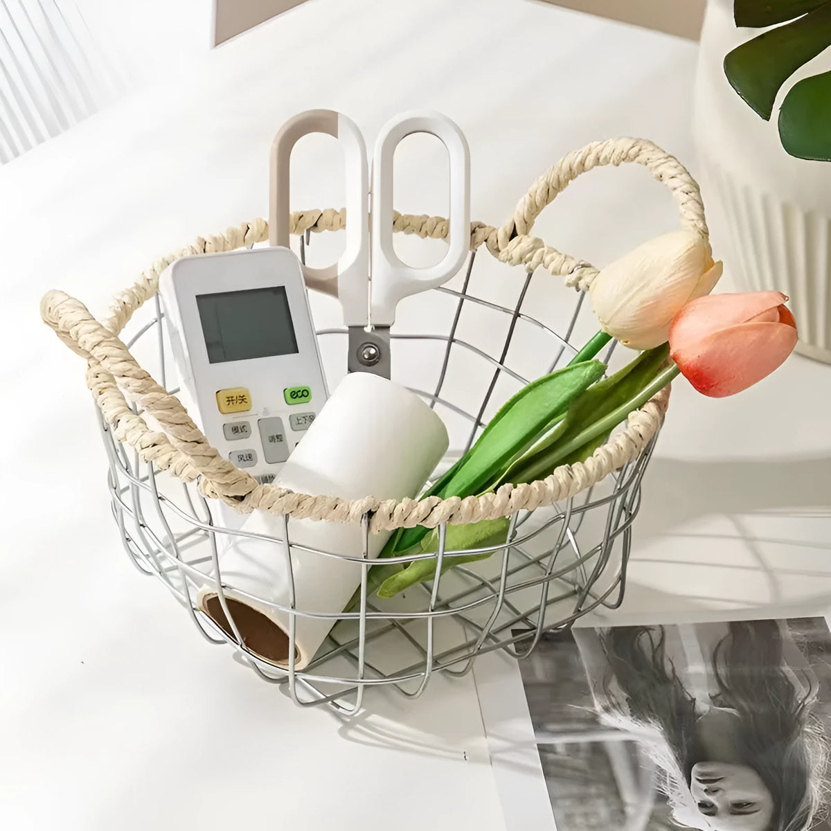 Nordic-style iron wire woven storage basket with open binaural weave design.