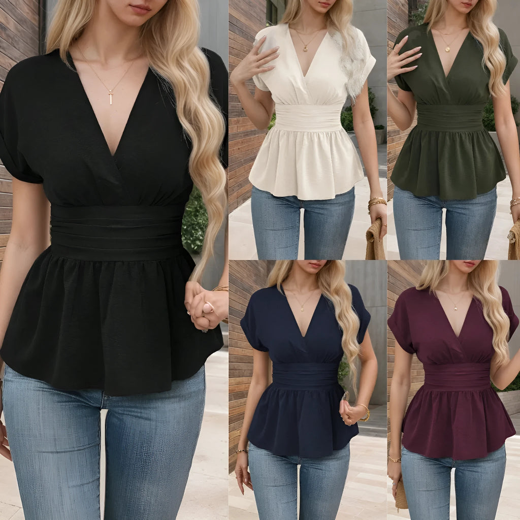 Women's solid colour polyester V-neck top with short sleeves and a pleated waist detail in slim fit.