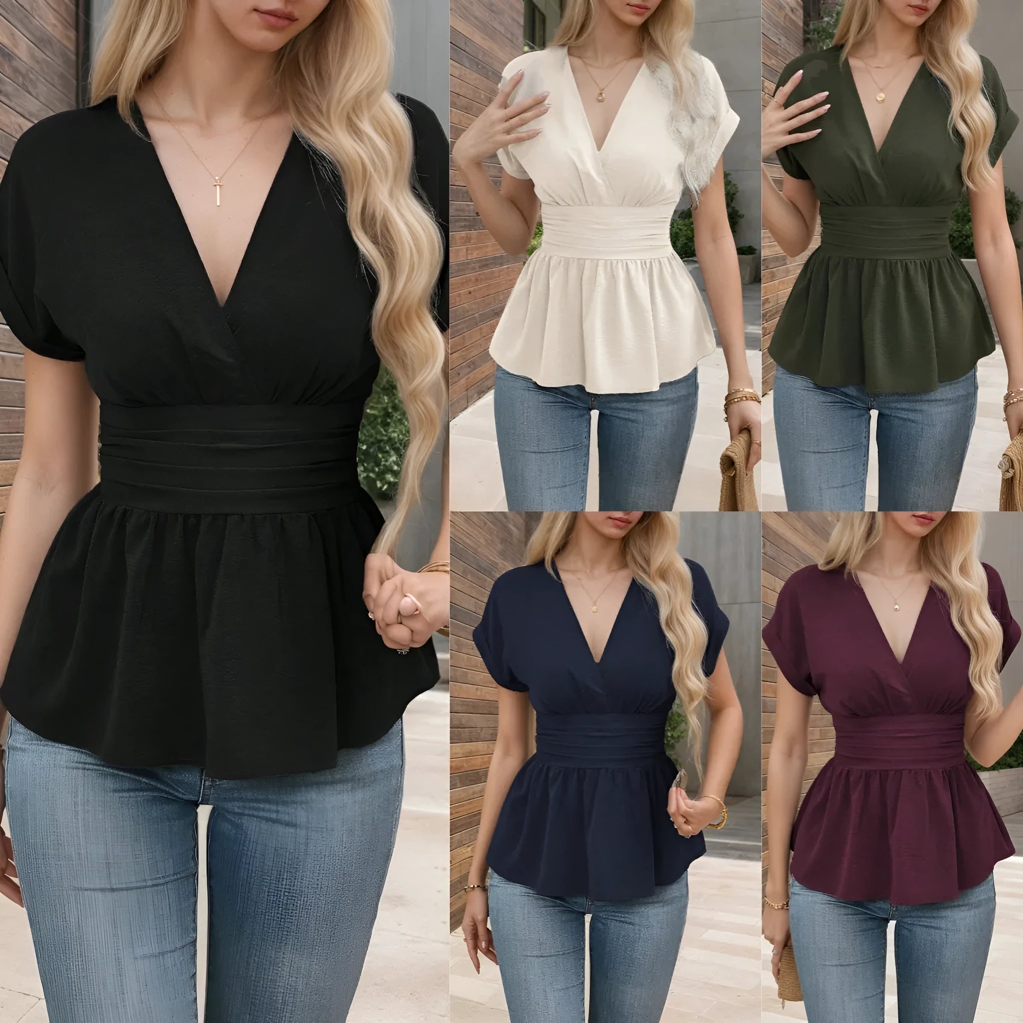 Women's solid colour polyester V-neck top with short sleeves and a pleated waist detail in slim fit.