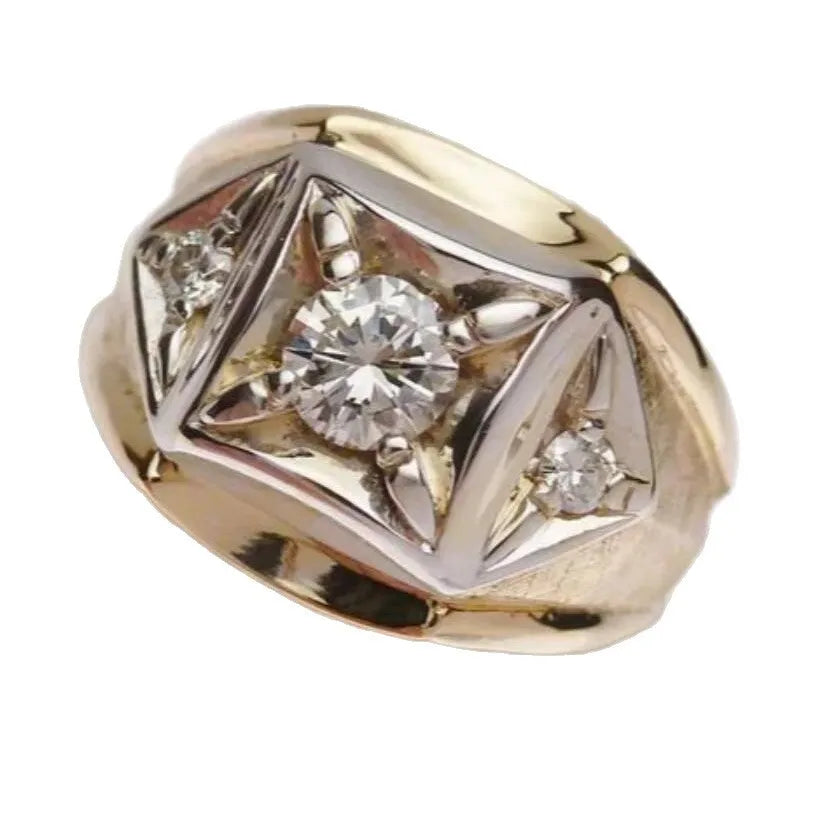 Gold geometric hollow couple rings with chamfering square pattern, copper construction with micro inlay details