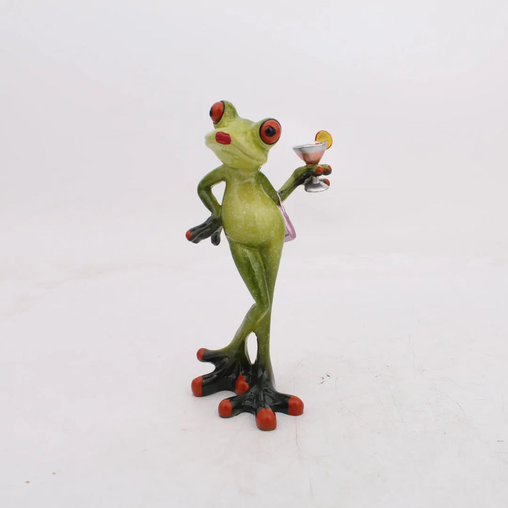 Pastoral style resin frog decoration on wooden shelf, showing hand-finished details and natural colour tones