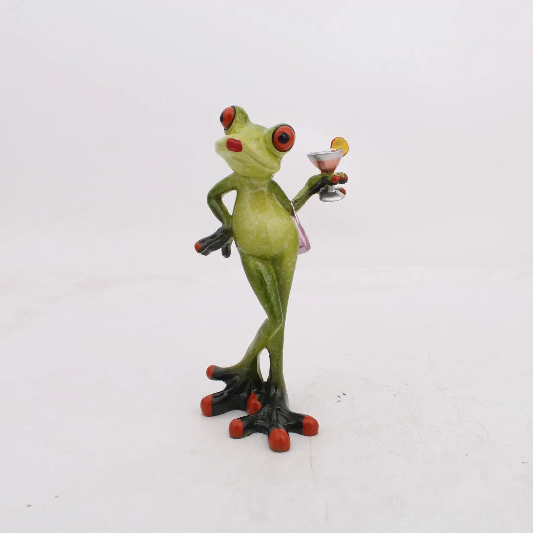 Pastoral style resin frog decoration on wooden shelf, showing hand-finished details and natural colour tones