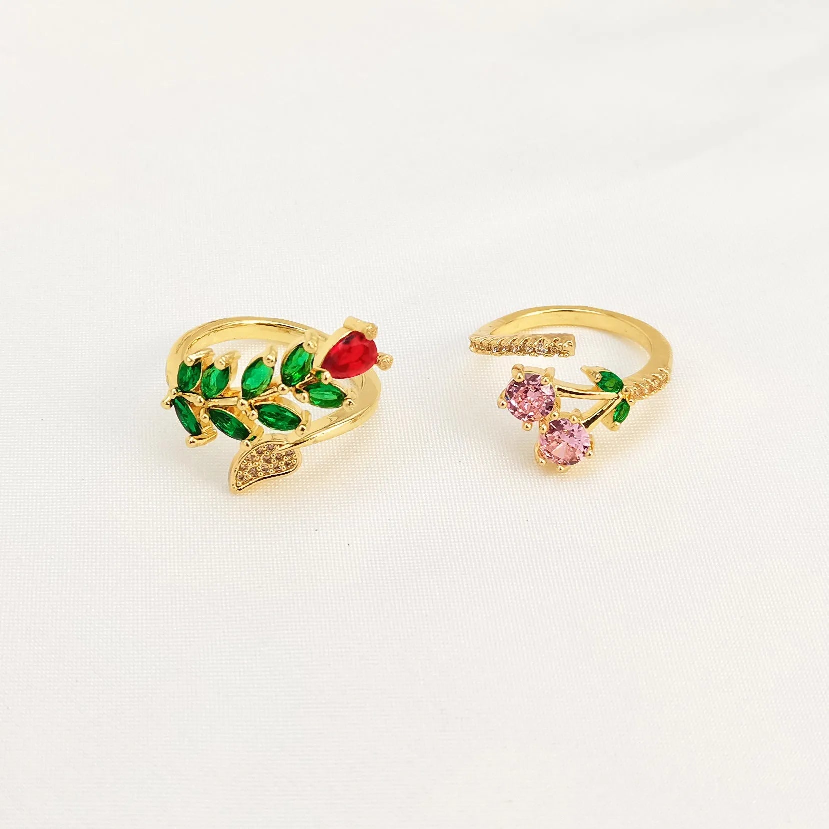 Copper gold open ring with geometric leaf design and zircon micro-inlay details