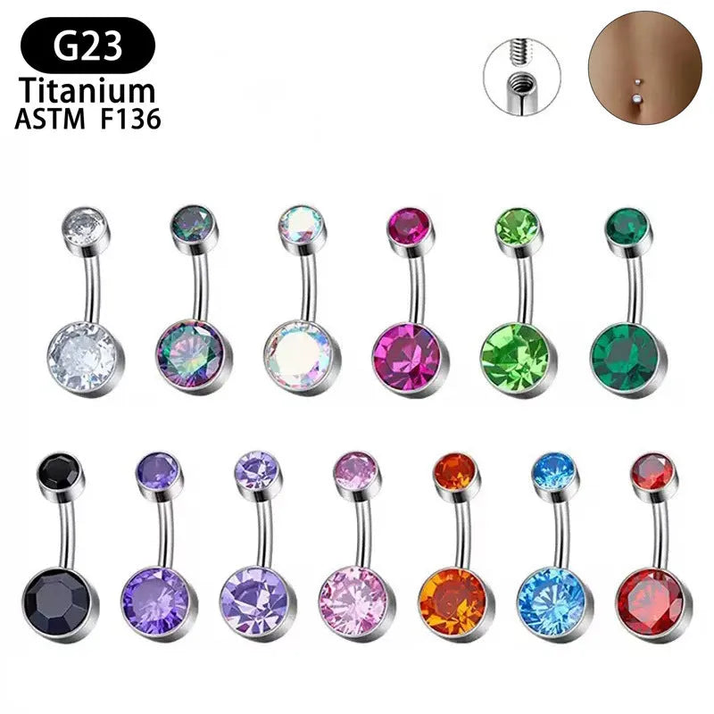 Titanium alloy double-headed navel stud with zircon accents in various colours and lengths.