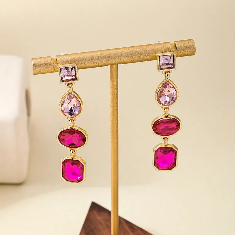 Geometric water drop ear studs in alloy with rhinestone detail, women's pierced earrings, 1 pair