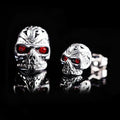 Retro skull stud earrings with red eye ghost design, alloy construction with electroplated finish, measuring 1.5 cm in height