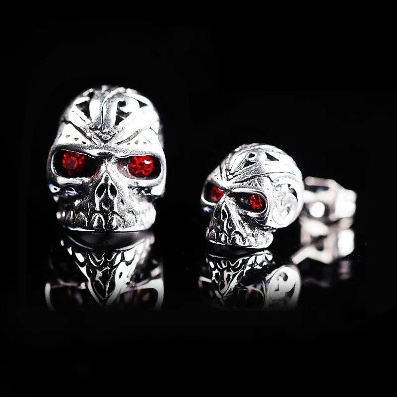 Retro skull stud earrings with red eye ghost design, alloy construction with electroplated finish, measuring 1.5 cm in height
