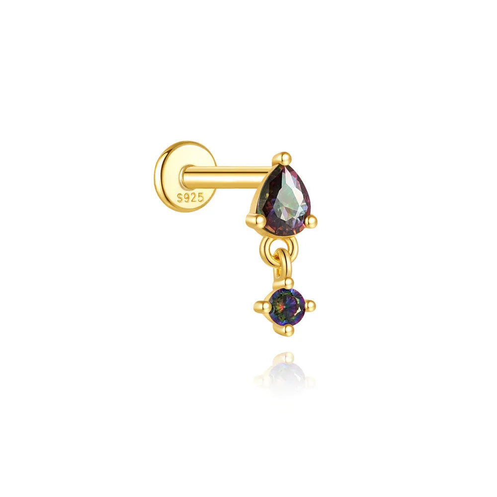 S925 sterling silver earrings with flat head, rainbow stone, and thread post in gold colour options
