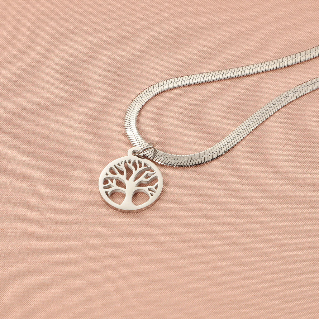Stainless steel lucky tree necklace with adjustable snake bone chain and U-shaped titanium steel pendant