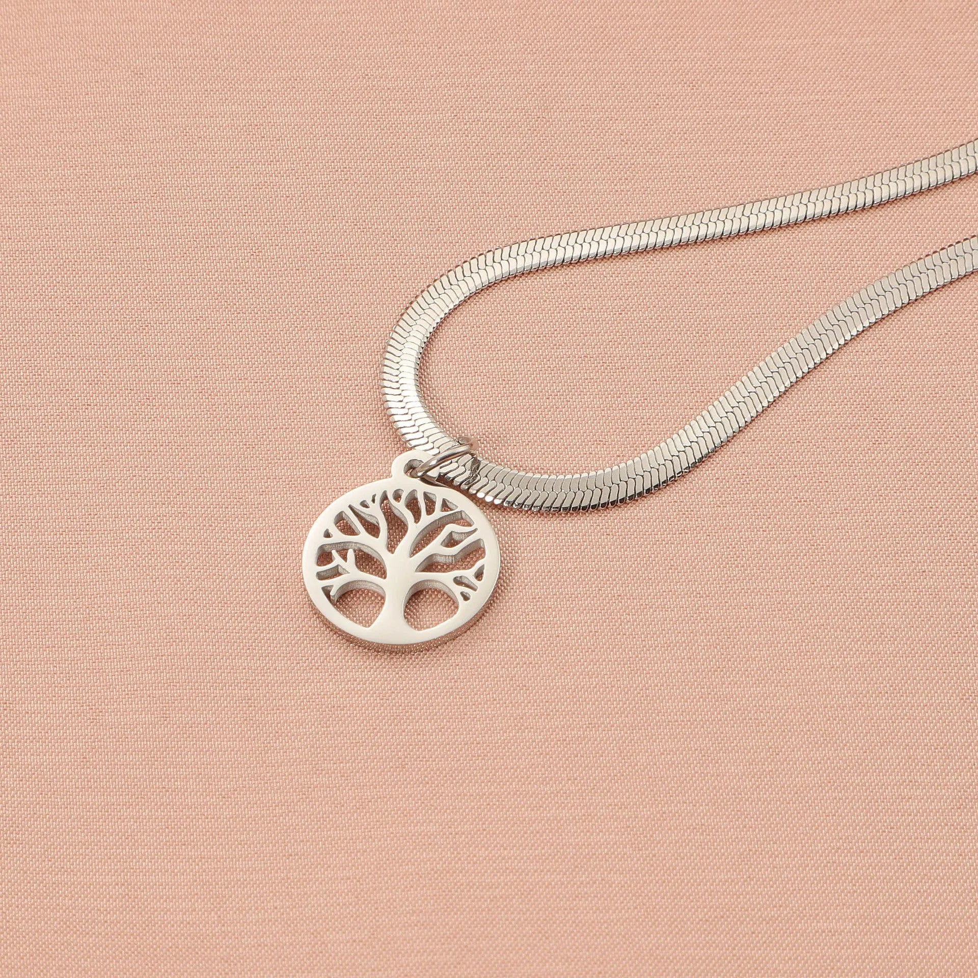 Stainless steel lucky tree necklace with adjustable snake bone chain and U-shaped titanium steel pendant