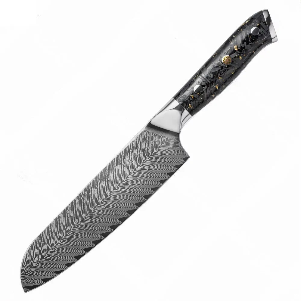 67-layer Damascus steel kitchen knife set with fishbone pattern, showing 8 knives including fruit, steak, and boning knives