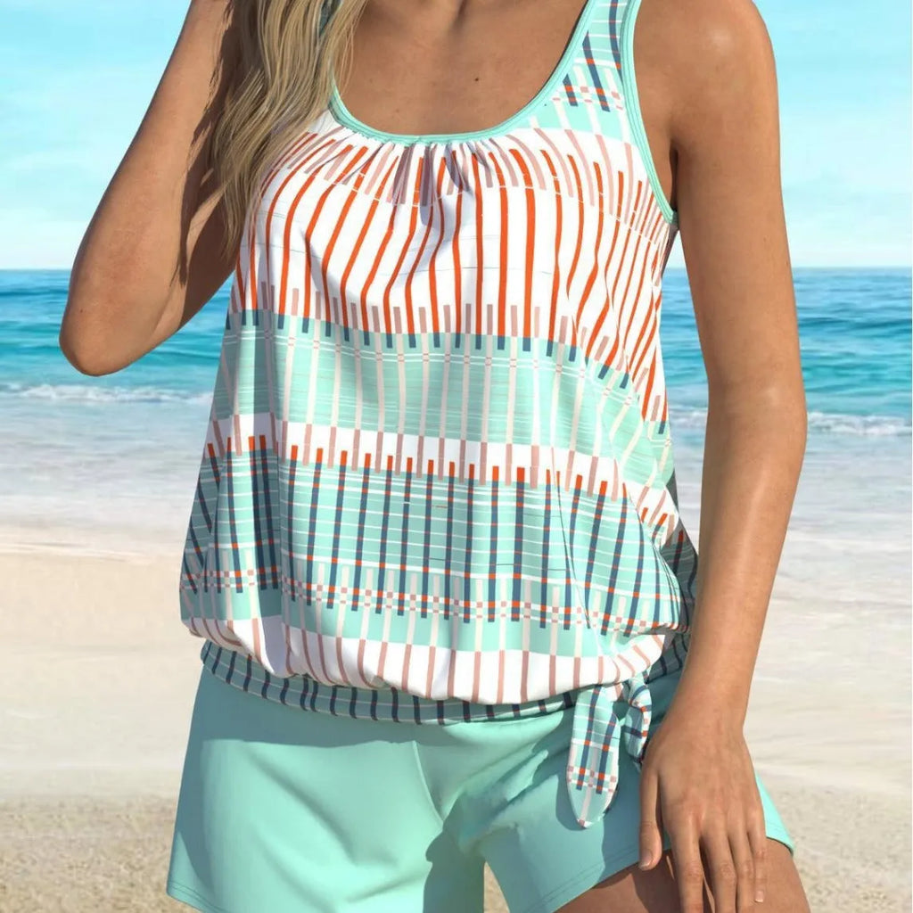 Sky blue striped women's bikini swimsuit with colour split design in polyester fabric