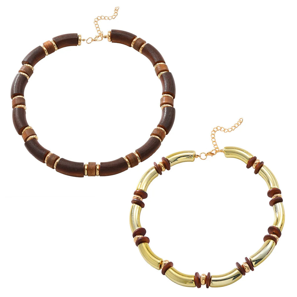 European exaggerated multi-layer wooden necklace and bracelet set with alloy pendants for women