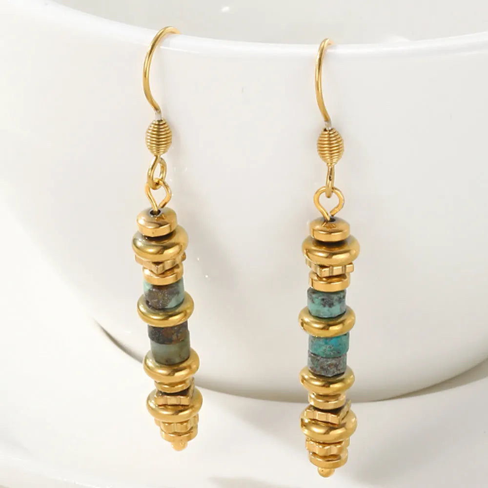Geometric titanium steel dangle earrings with 18K gold plating, 5cm drop length