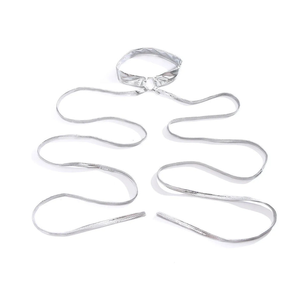 Silver alloy thigh chain with adjustable lace-up cross design and geometric shape