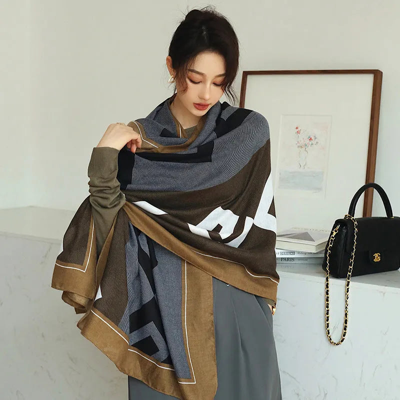 Vintage printed polyester scarf showing 180cm length and 90cm width with autumn-appropriate design