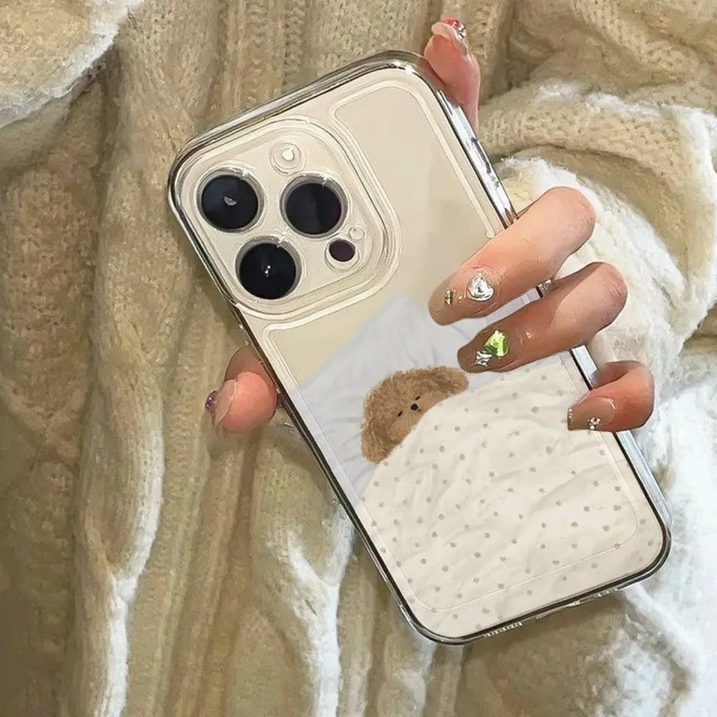 Transparent Apple iPhone case with sleeping cat pattern showing phone protection features