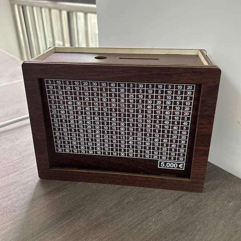 Digital coin bank with nostalgic retro wood design in modern simplicity style, showing currency library options for gifting