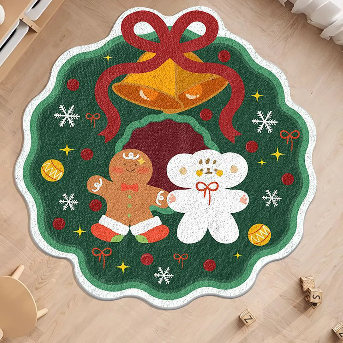 Round Christmas floor mat with gingerbread man design in imitation cashmere, 60x60cm size