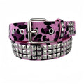 Women's brown leopard print belt with silver metal rivets and pin buckle fastening