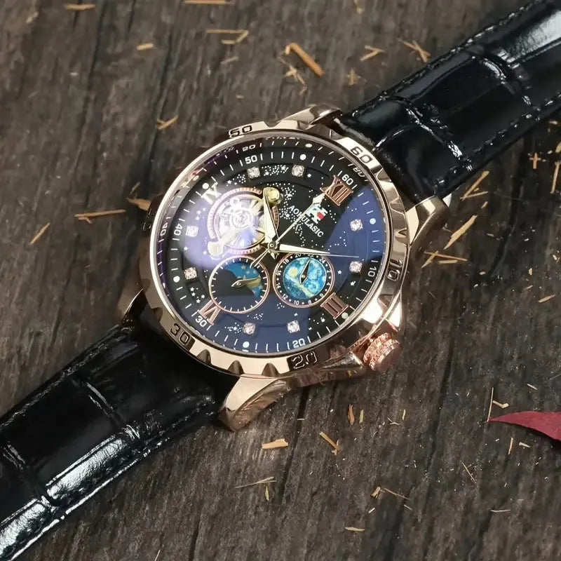 Men's automatic mechanical watch with black dial, rose gold case, and leather strap showing hollow design