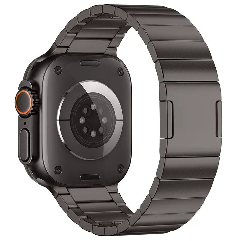Fashion magnetic buckle steel watch strap in stainless steel, showing adjustable closure and business style for Apple Watches