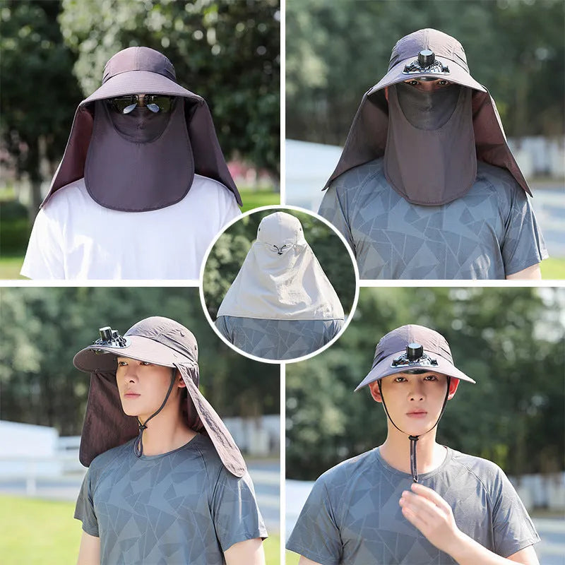 Men's khaki sun protection hat with USB fan and attached neck covering shawl for outdoor use