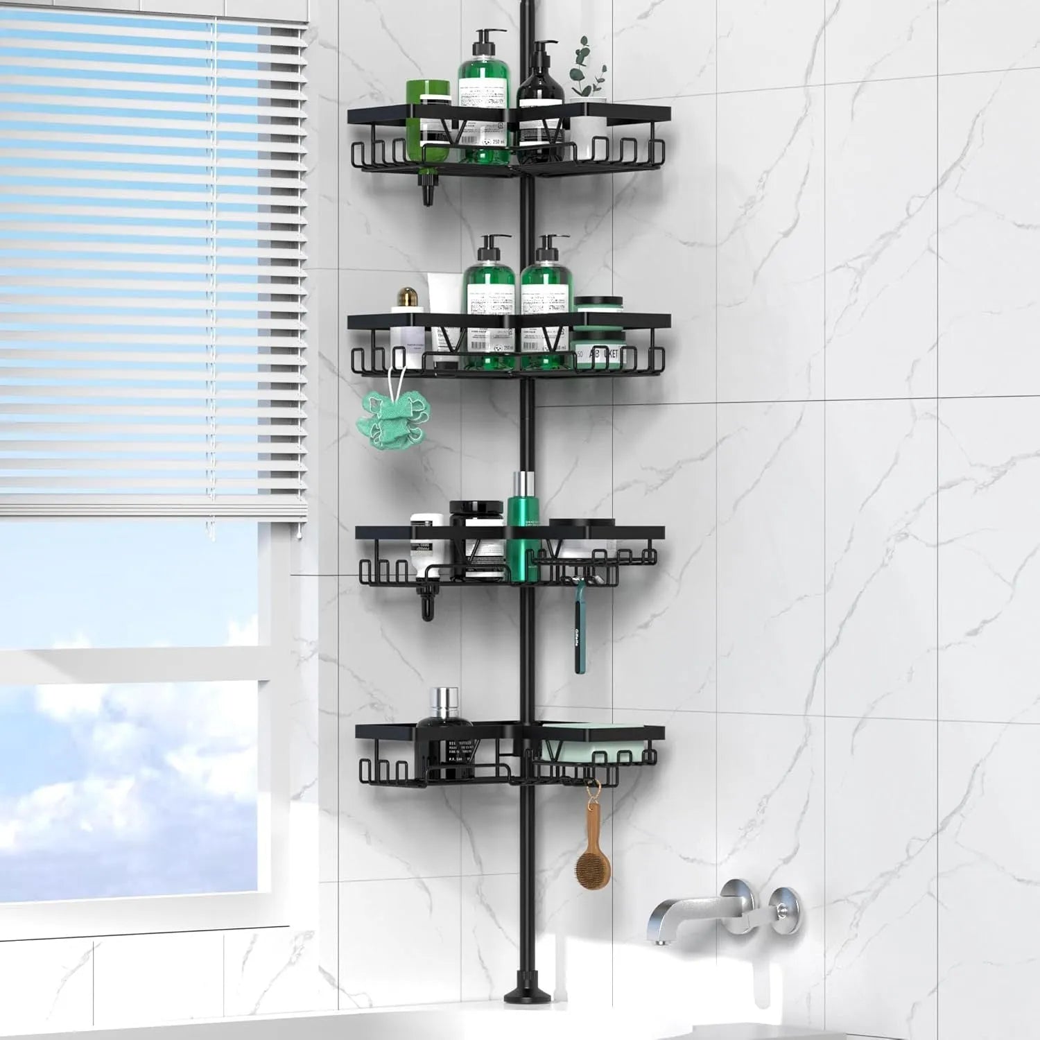 Retractable bathroom storage rack with four layers, stainless steel construction, measuring 10.5×26.5×45cm with 100kg capacity